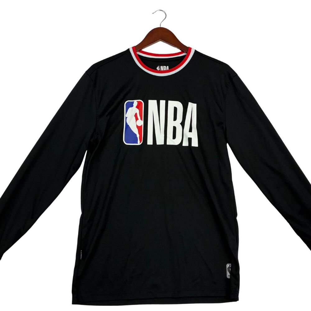 NBA Logo Black Long Sleeve Shirt Men’s Medium Basketball Red White Trim